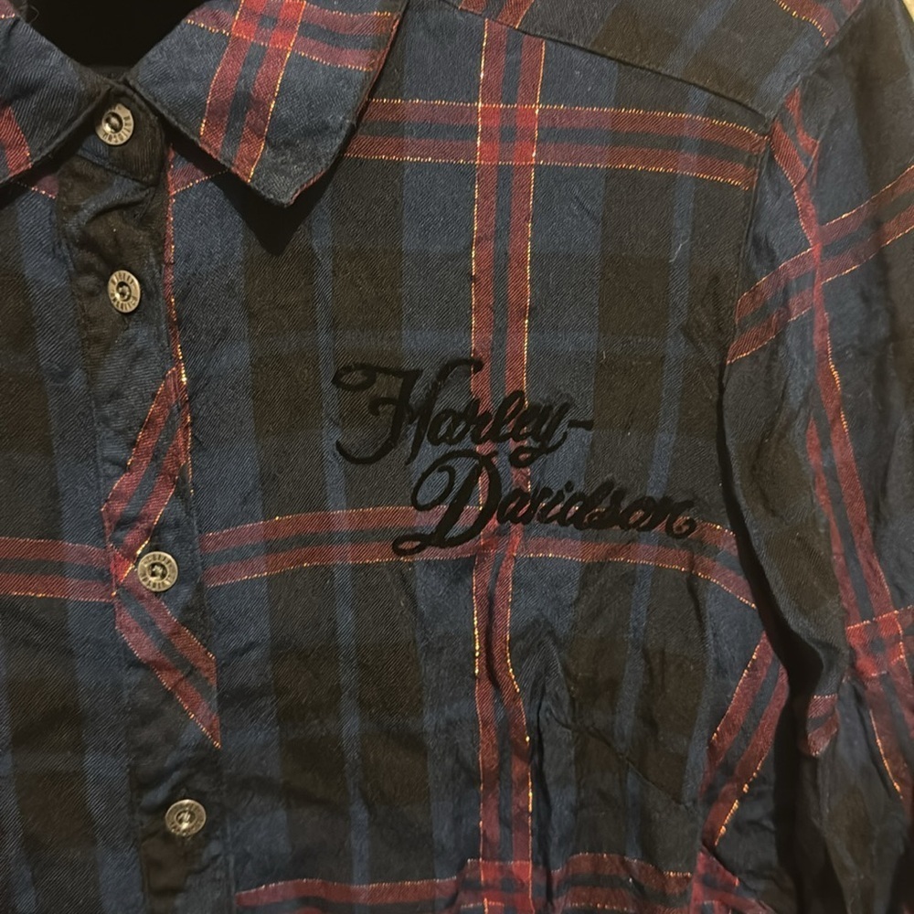 Harley-Davidson Flocked Roses Plaid Button Down Women’s Top - Picture 4 of 6